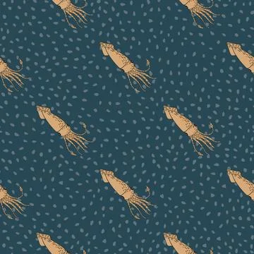 Minimalistic seamless ocean pattern with beige squid doodle silhouettes. Turq Stock Illustration