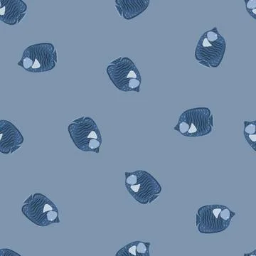 Minimalistic seamless ocean pattern with doodle butterfly fish print. Blue pa Stock Illustration