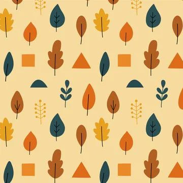 Minimalistic seamless pattern with autumn leaves and geometric shapes in Sc.. Illustrazione stock