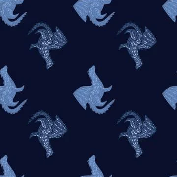 Minimalistic seamless pattern with blue colored dragon elements. Dark navy bl Stock Illustration