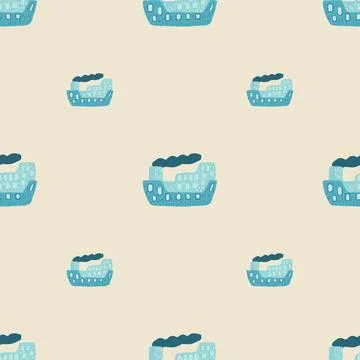 Minimalistic seamless pattern with bright blue steamship silhouette print. Pa Stock Illustration