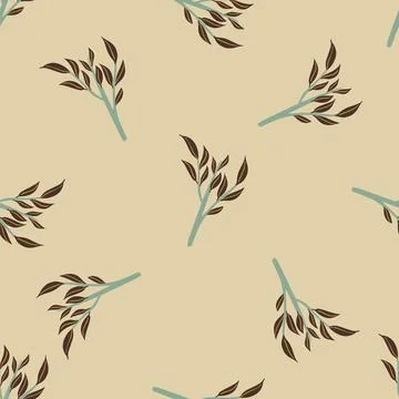 Minimalistic seamless pattern with brown leaves branches print. Doodle botani Stock Illustration