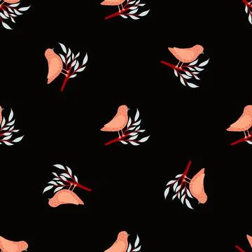Minimalistic seamless pattern with contrast pink birds on branches shapes. Bl Illustrazione stock
