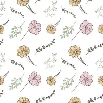 Minimalistic seamless pattern with delicate flowers, branches and leaves Stock Illustration