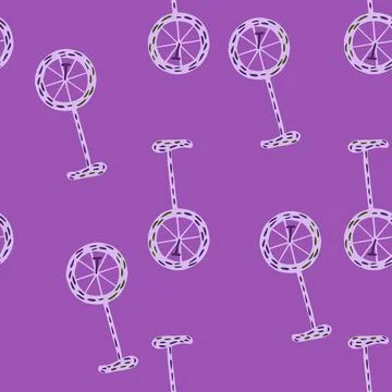 Minimalistic seamless pattern with doodle bicycle elements print. Purple back Illustrazione stock