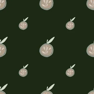 Minimalistic seamless pattern with doodle grey apple ornament. Dark green oli Stock Illustration