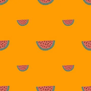 Minimalistic seamless pattern with doodle pink watermelon slice elements. Ora Illustrazione stock