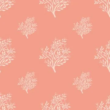 Minimalistic seamless pattern with doodle white tree silhouettes print. Pink  Stock Illustration