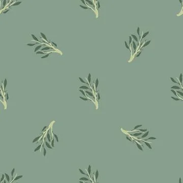 Minimalistic seamless pattern with green foliage ornament. Grey background. P Stock Illustration