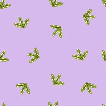 Minimalistic seamless pattern with green simple leaves shapes. Light purple b Illustrazione stock