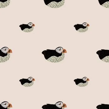 Minimalistic seamless pattern with hand drawn puffin arctic ornament elements Stock Illustration