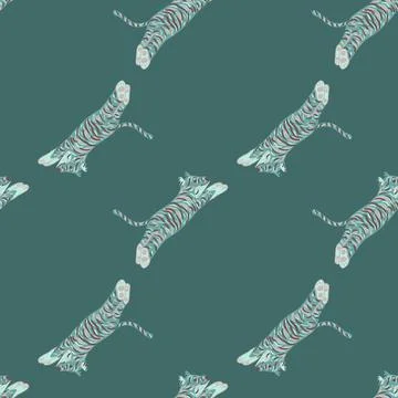 Minimalistic seamless pattern with jumping doodle tiger cats print. Turquoise Stockillustratie