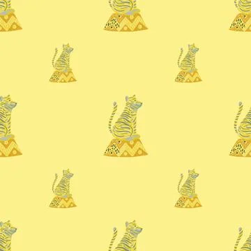 Minimalistic seamless pattern with mammal tiger ornament backdrop. Yellow bac Stock Illustration