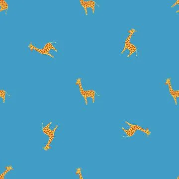 Minimalistic seamless pattern with orange little giraffe silhouettes. Blue br 스톡 일러스트