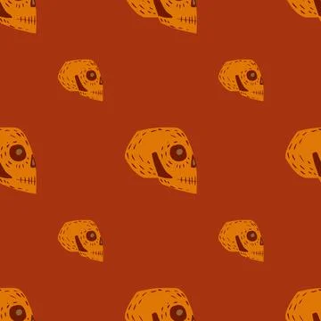 Minimalistic seamless pattern with orange skull shapes elements. Red backgrou Stockillustratie