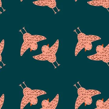 Minimalistic seamless pattern with outline birds flying elements. Dark turquo Stock Illustration