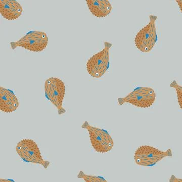 Minimalistic seamless pattern with random brown puffer fish silhouettes print Stock Illustration