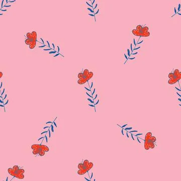 Minimalistic seamless pattern with red outline wildflowers ornament. Pink bac Stock Illustration