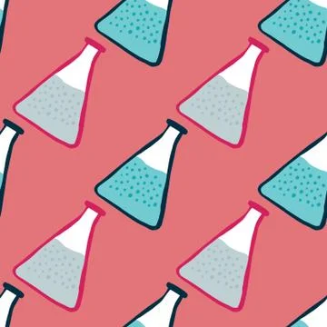 Minimalistic seamless science pattern with blue glass bulb ornament. Pink bac 스톡 일러스트