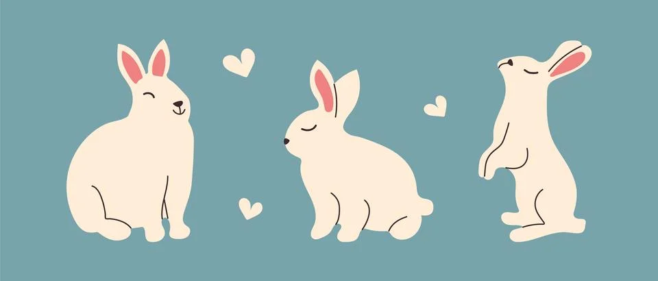 Minimalistic set with hand-drawn white Rabbits. Doodle Bunny for decorating h Stock Illustration