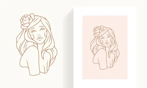 Minimalistic simple logo pastel postcard romantic young female with rose flow Stockillustratie