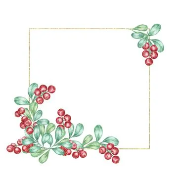 A minimalistic square frame with gold borders, accented by a cranberry and .. 스톡 일러스트