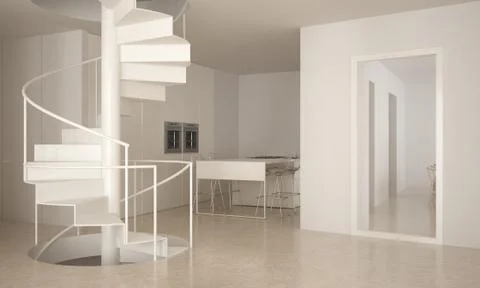 Minimalistic stair in modern empty space with kitchen in the background, whit Stock Illustration