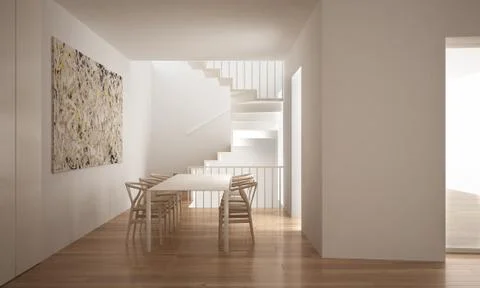 Minimalistic stair in modern empty space with table and chairs, white archite Illustrazione stock