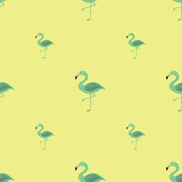 Minimalistic style seamless doodle pattern with green colored flamingo abstra Stock Illustration