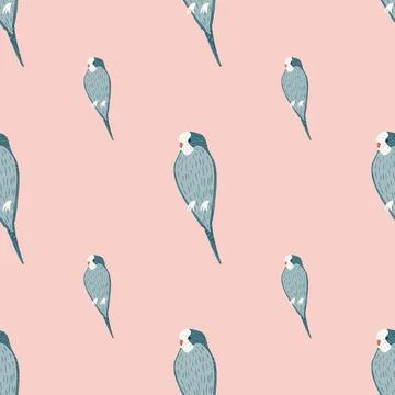 Minimalistic style seamless pattern with blue colored parrot ornament. Pink b Stock Illustration
