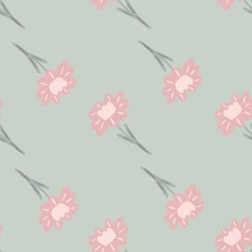 Minimalistic style seamless pattern with doodle pink flower elements. Blue pa Stock Illustration