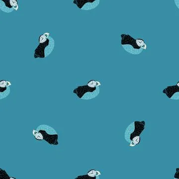 Minimalistic style seamless pattern with doodle puffin wild life print. Blue  Stock Illustration