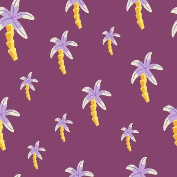 Minimalistic style seamless pattern with doodle palm tree ornament. Bright pu Stock Illustration