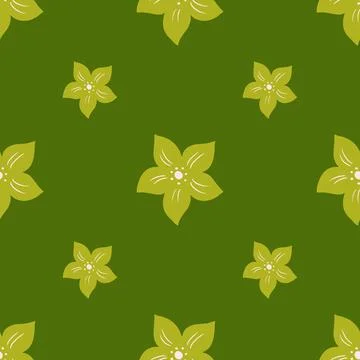 Minimalistic style seamless pattern in green tones with tropic flowers orname Stock Illustration