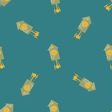 Minimalistic style seamless pattern with green and orange colored cuckoo cloc Stock Illustration
