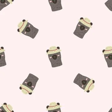 Minimalistic style seamless pattern with grey colored bear in hats ornament.  Stock Illustration