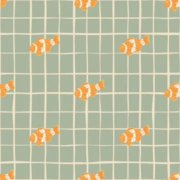 Minimalistic style seamless pattern with orange clown fish elements. Grey che Illustrazione stock