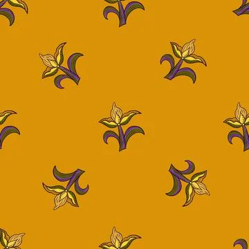 Minimalistic style seamless pattern with purple and yellow contoured tulip fl Stock Illustration