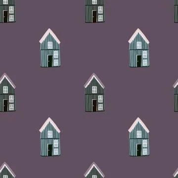 Minimalistic style seamless pattern with simple wood house ornament. Purple pale Illustrazione stock