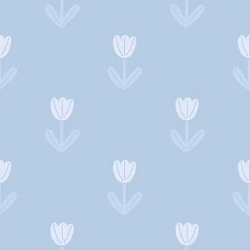 Minimalistic style seamless pattern with tulip simple flowers shapes. Blue li イラスト素材