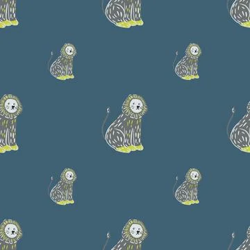 Minimalistic style seamless zoo pattern with grey hand drawn lion print. Dark Stock Illustration