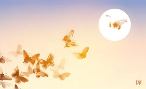 Minimalistic Sumie-inspired design featuring butterflies and sunset sky. Eleg Illustrazione stock