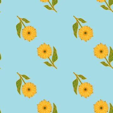 Minimalistic summer seamless pattern with bright yellow sunflowers shapes. Bl Illustrazione stock