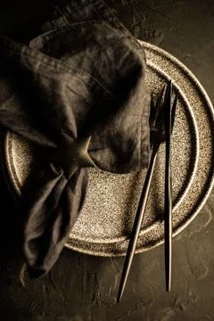 Minimalistic table setting in white and black Stock Photos