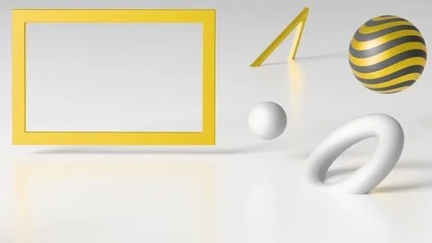 Minimalistic three-dimensional render with an empty frame and floating geomet Stock Illustration