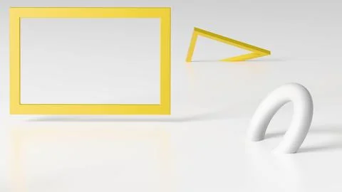 Minimalistic three-dimensional render with an empty frame and floating geomet Stock Illustration