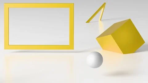 Minimalistic three-dimensional render with an empty frame and floating geomet Stock Illustration