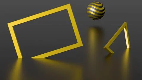 Minimalistic three-dimensional render with an empty frame and floating geomet Stock Illustration