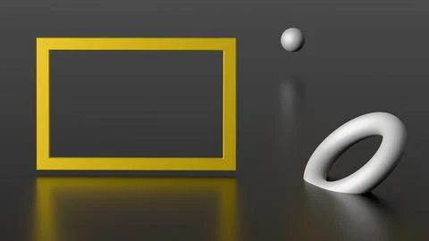 Minimalistic three-dimensional render with an empty frame and floating geomet Illustrazione stock