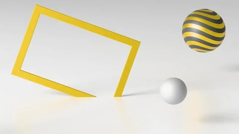 Minimalistic three-dimensional render with an empty frame and floating geomet Stock Illustration